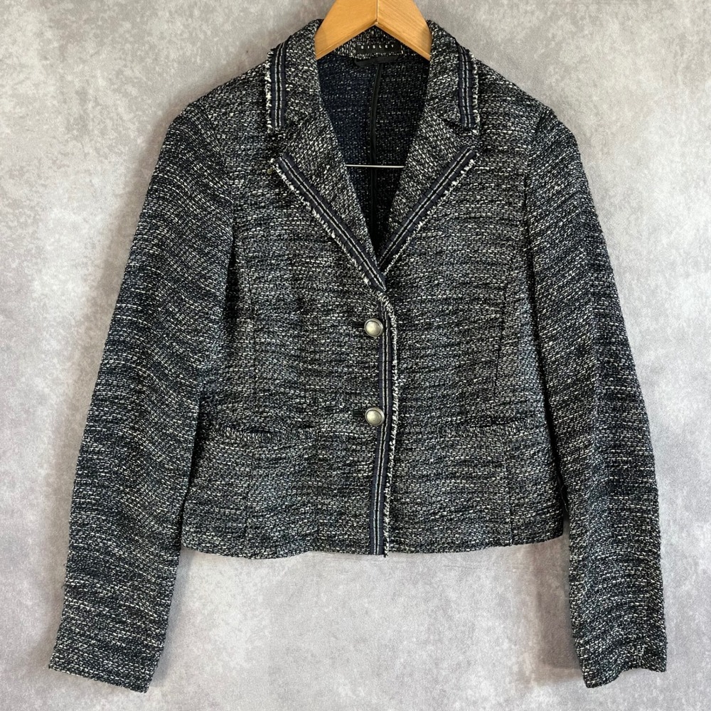 Sisley Tweed Blazer Womens Size 2 Navy White Textured Frayed Trim Jacket Preppy